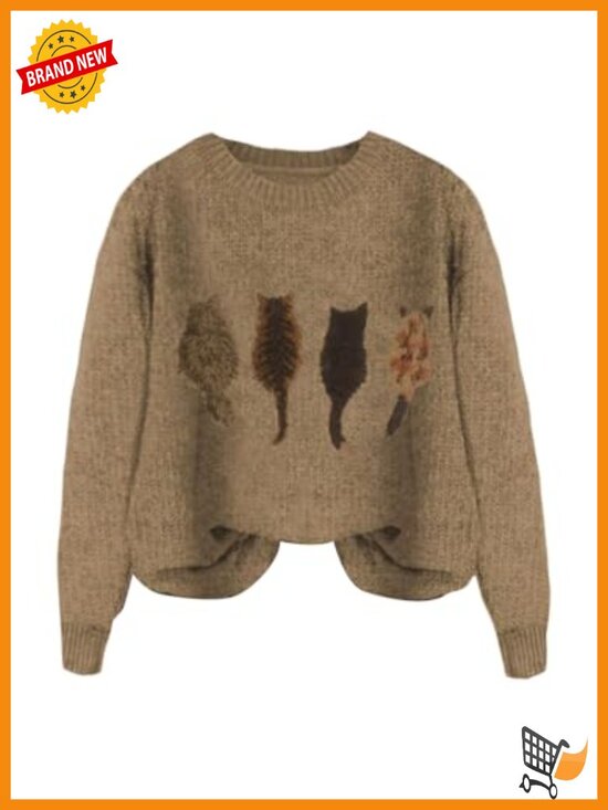 Sweaters - Cat Graphic Sweater Long Sleeve Crew Neck Knit Tops Casual Pullover